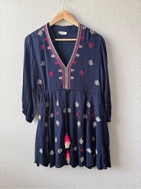 entro Navy Blue Embroidered Peasant Boho Tassel Dress